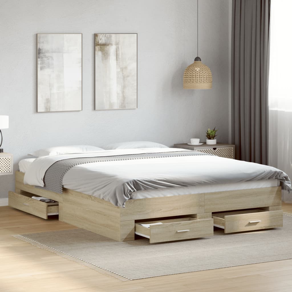 Bedframe met lades bewerkt hout sonoma eikenkleurig 150x200 cm is nu te koop bij PeponiXL, paradijselijk wonen!