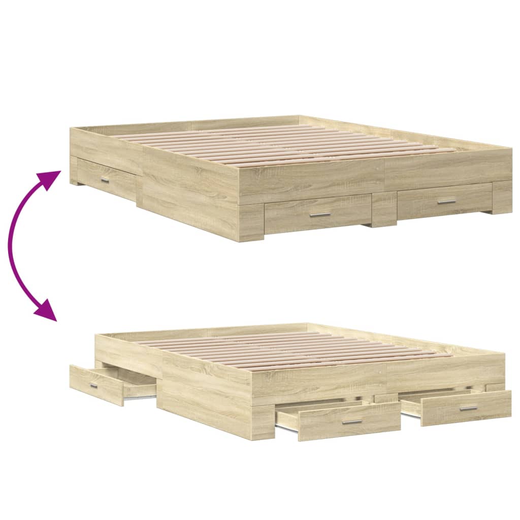 Bedframe met lades bewerkt hout sonoma eikenkleurig 150x200 cm is nu te koop bij PeponiXL, paradijselijk wonen!