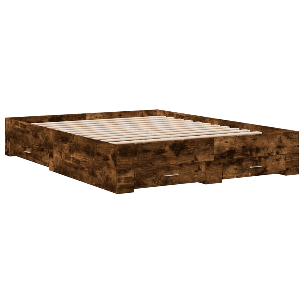 Bedframe met lades bewerkt hout gerookt eikenkleurig 150x200 cm is nu te koop bij PeponiXL, paradijselijk wonen!