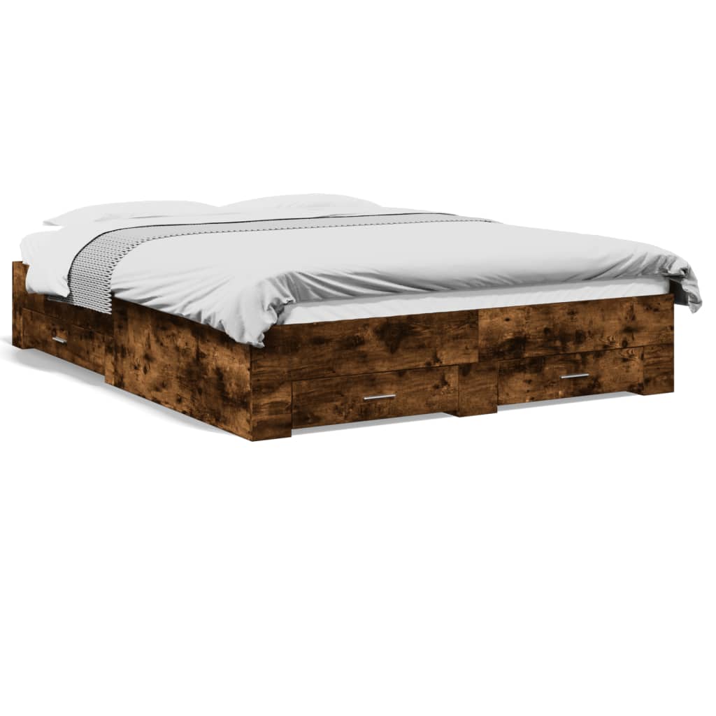 Bedframe met lades bewerkt hout gerookt eikenkleurig 150x200 cm is nu te koop bij PeponiXL, paradijselijk wonen!