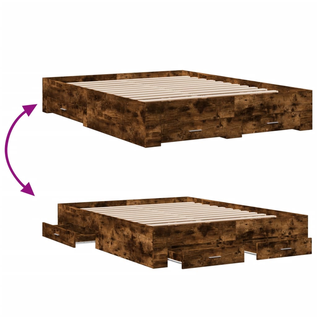 Bedframe met lades bewerkt hout gerookt eikenkleurig 140x200 cm is nu te koop bij PeponiXL, paradijselijk wonen!