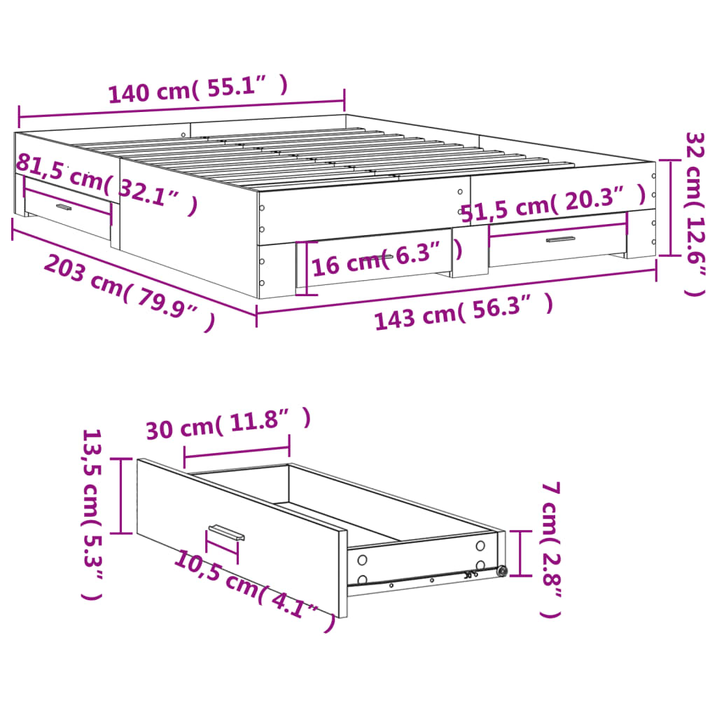 Bedframe met lades bewerkt hout gerookt eikenkleurig 140x200 cm is nu te koop bij PeponiXL, paradijselijk wonen!