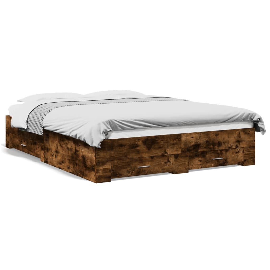 Bedframe met lades bewerkt hout gerookt eikenkleurig 140x200 cm is nu te koop bij PeponiXL, paradijselijk wonen!