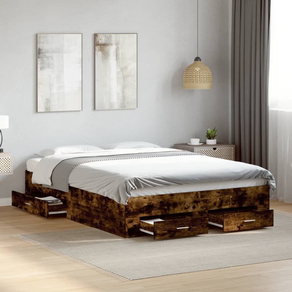 Bedframe met lades bewerkt hout gerookt eikenkleurig 120x200 cm is nu te koop bij PeponiXL, paradijselijk wonen!