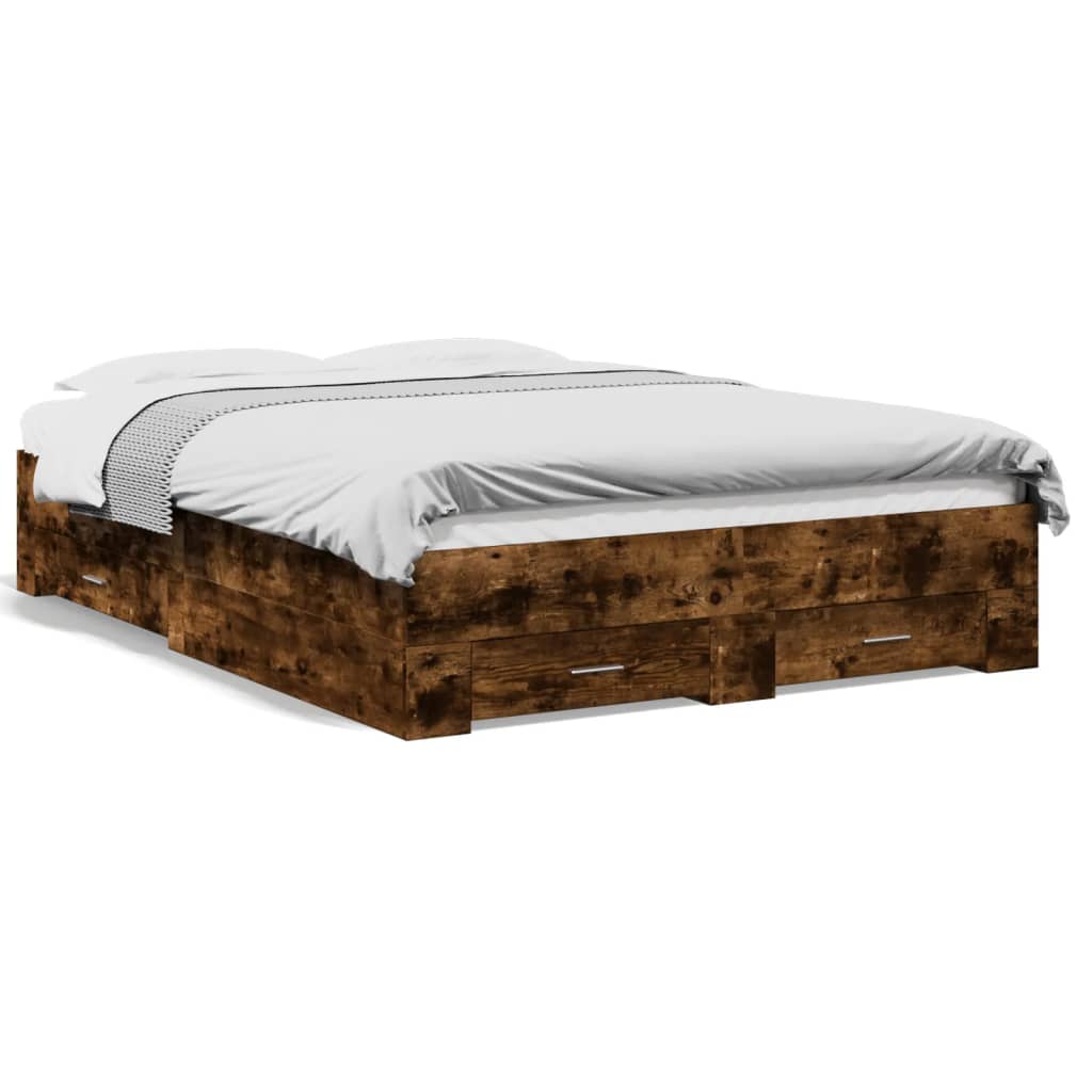 Bedframe met lades bewerkt hout gerookt eikenkleurig 120x200 cm is nu te koop bij PeponiXL, paradijselijk wonen!