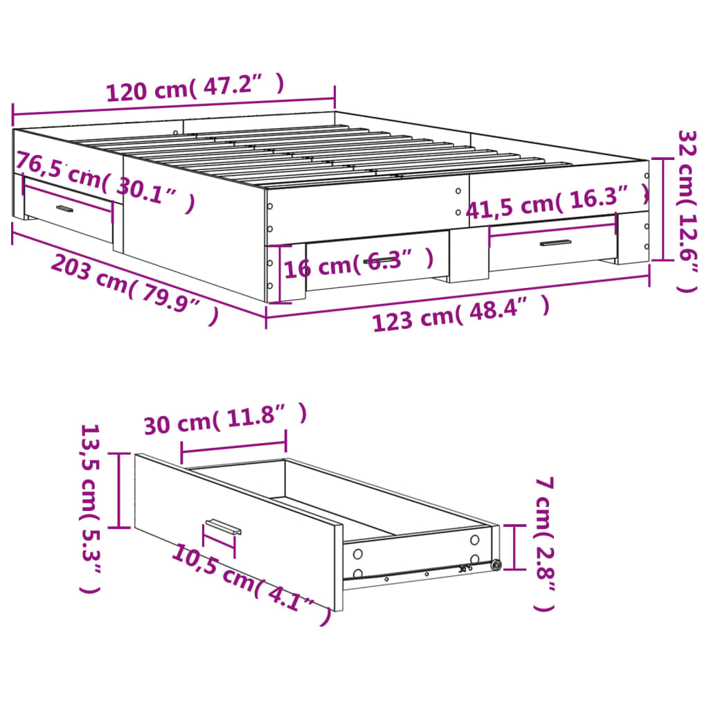 Bedframe met lades bewerkt hout grijs sonoma eiken 120x200 cm is nu te koop bij PeponiXL, paradijselijk wonen!