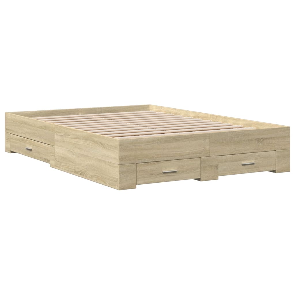 Bedframe met lades bewerkt hout sonoma eikenkleurig 135x190 cm is nu te koop bij PeponiXL, paradijselijk wonen!