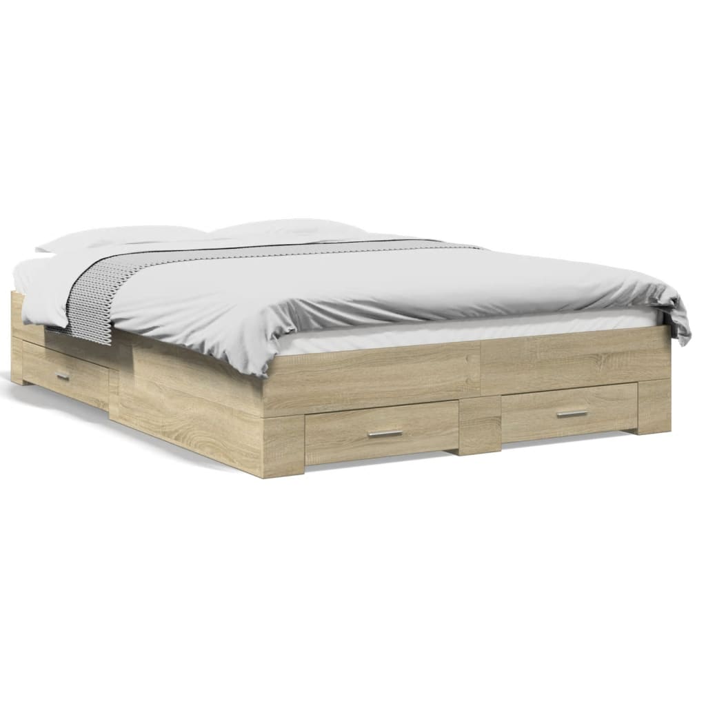 Bedframe met lades bewerkt hout sonoma eikenkleurig 135x190 cm is nu te koop bij PeponiXL, paradijselijk wonen!