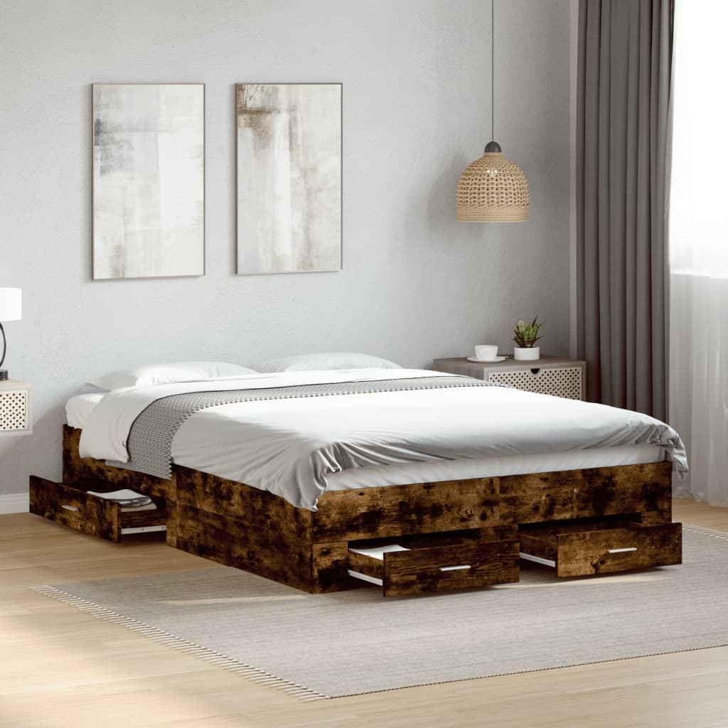 Bedframe met lades bewerkt hout gerookt eikenkleurig 135x190 cm is nu te koop bij PeponiXL, paradijselijk wonen!