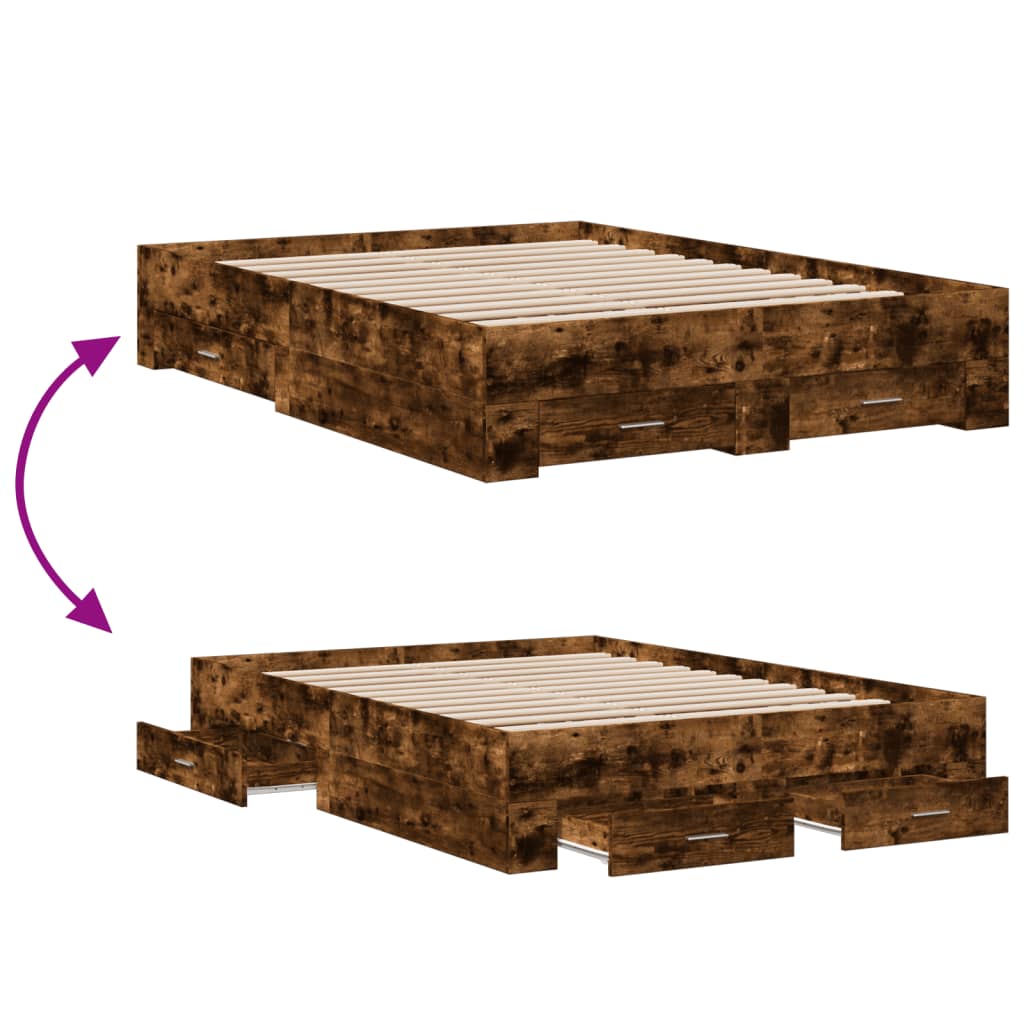 Bedframe met lades bewerkt hout gerookt eikenkleurig 135x190 cm is nu te koop bij PeponiXL, paradijselijk wonen!