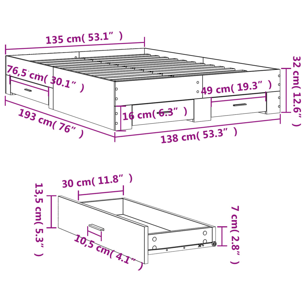 Bedframe met lades bewerkt hout gerookt eikenkleurig 135x190 cm is nu te koop bij PeponiXL, paradijselijk wonen!