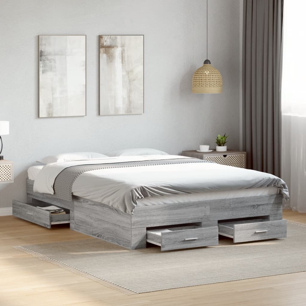 Bedframe met lades bewerkt hout grijs sonoma eiken 135x190 cm is nu te koop bij PeponiXL, paradijselijk wonen!
