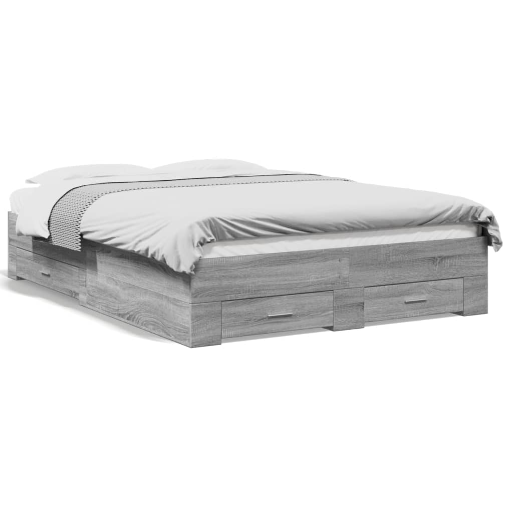 Bedframe met lades bewerkt hout grijs sonoma eiken 135x190 cm is nu te koop bij PeponiXL, paradijselijk wonen!