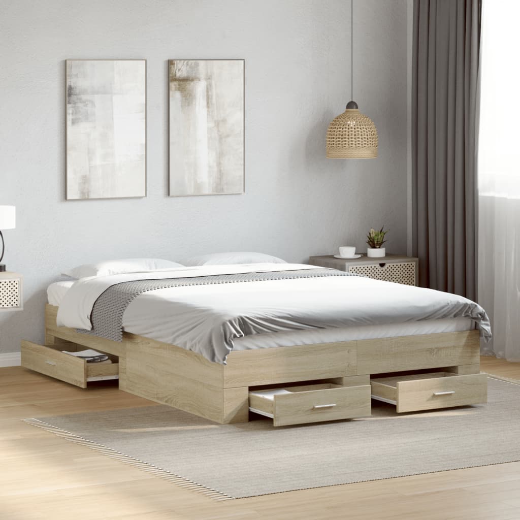 Bedframe met lades bewerkt hout sonoma eikenkleurig 120x190 cm is nu te koop bij PeponiXL, paradijselijk wonen!