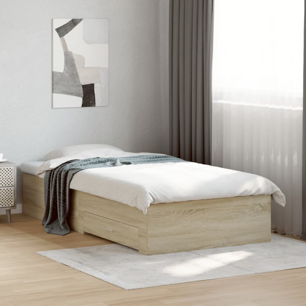 Bedframe met lades bewerkt hout sonoma eikenkleurig 100x200 cm is nu te koop bij PeponiXL, paradijselijk wonen!
