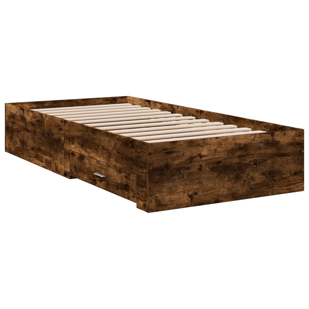Bedframe met lades bewerkt hout gerookt eikenkleurig 100x200 cm is nu te koop bij PeponiXL, paradijselijk wonen!