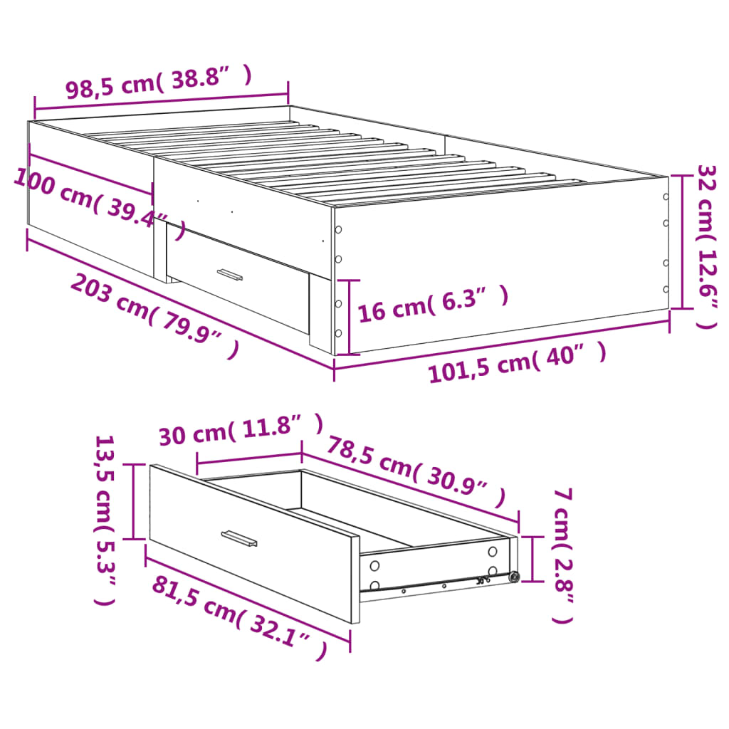 Bedframe met lades bewerkt hout gerookt eikenkleurig 100x200 cm is nu te koop bij PeponiXL, paradijselijk wonen!