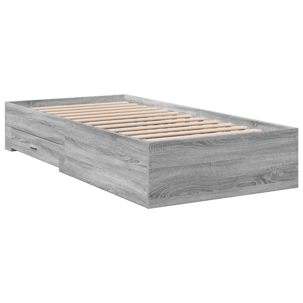Bedframe met lades bewerkt hout grijs sonoma eiken 100x200 cm is nu te koop bij PeponiXL, paradijselijk wonen!