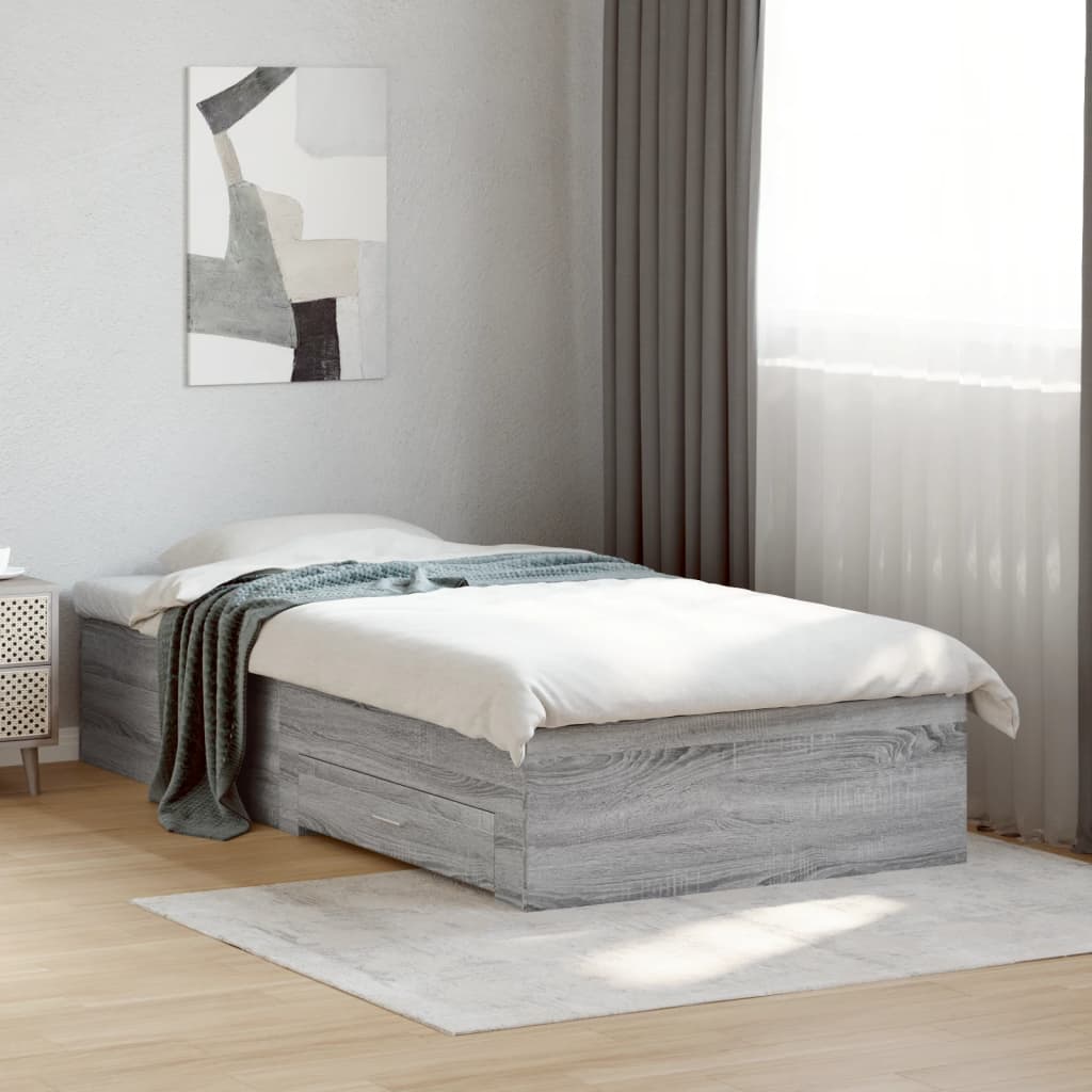 Bedframe met lades bewerkt hout grijs sonoma eiken 100x200 cm is nu te koop bij PeponiXL, paradijselijk wonen!