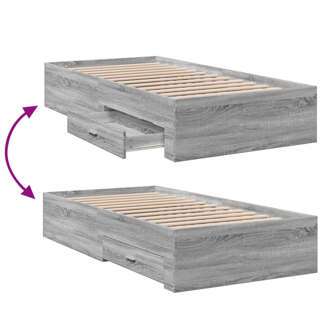 Bedframe met lades bewerkt hout grijs sonoma eiken 100x200 cm is nu te koop bij PeponiXL, paradijselijk wonen!