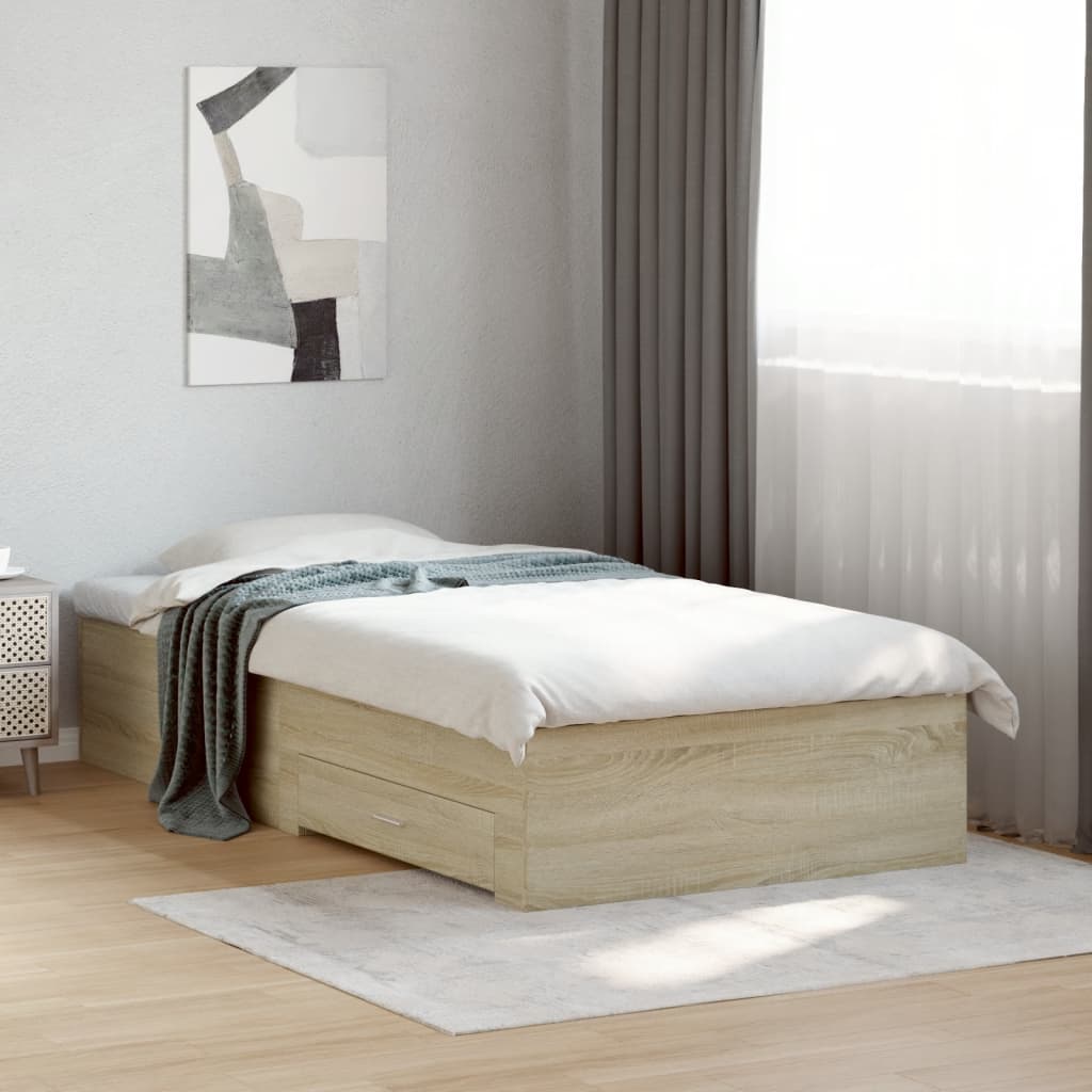 Bedframe met lades bewerkt hout sonoma eikenkleurig 90x200 cm is nu te koop bij PeponiXL, paradijselijk wonen!