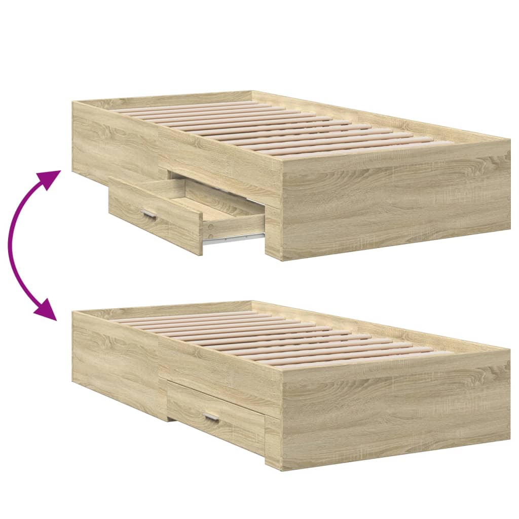 Bedframe met lades bewerkt hout sonoma eikenkleurig 90x200 cm is nu te koop bij PeponiXL, paradijselijk wonen!