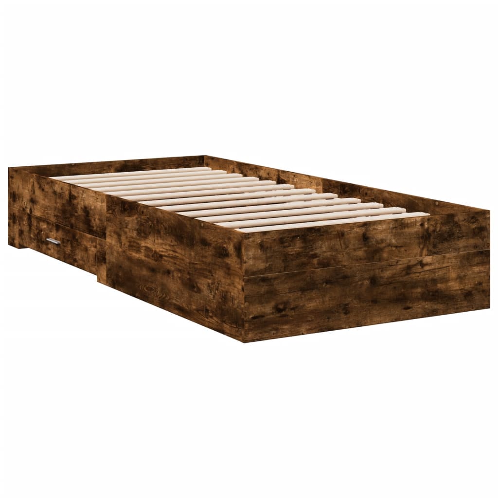 Bedframe met lades bewerkt hout gerookt eikenkleurig 90x200 cm is nu te koop bij PeponiXL, paradijselijk wonen!