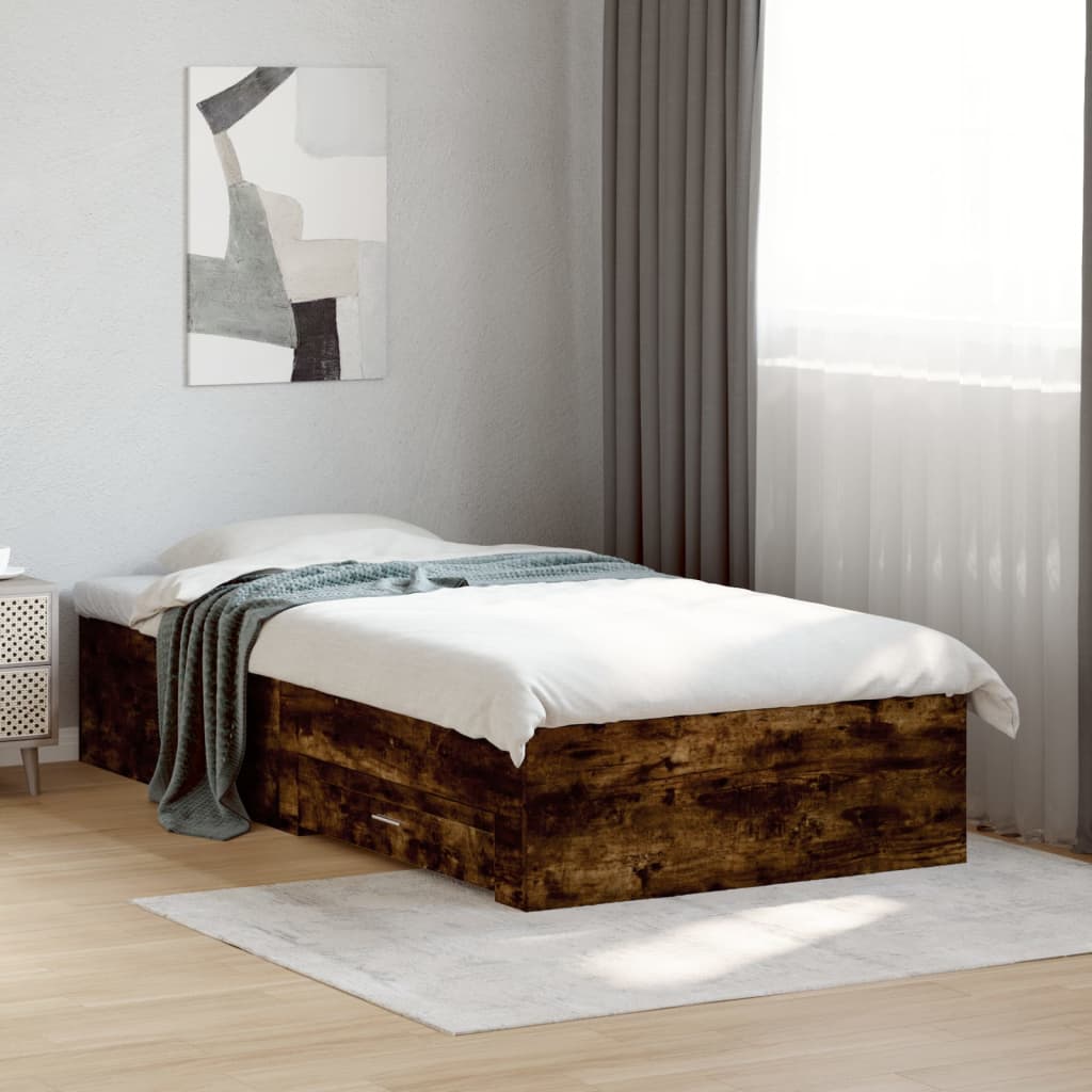 Bedframe met lades bewerkt hout gerookt eikenkleurig 90x200 cm is nu te koop bij PeponiXL, paradijselijk wonen!
