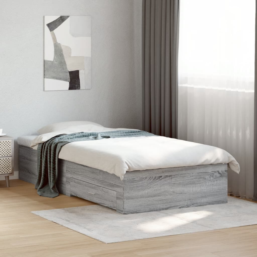 Bedframe met lades bewerkt hout grijs sonoma eiken 90x200 cm is nu te koop bij PeponiXL, paradijselijk wonen!