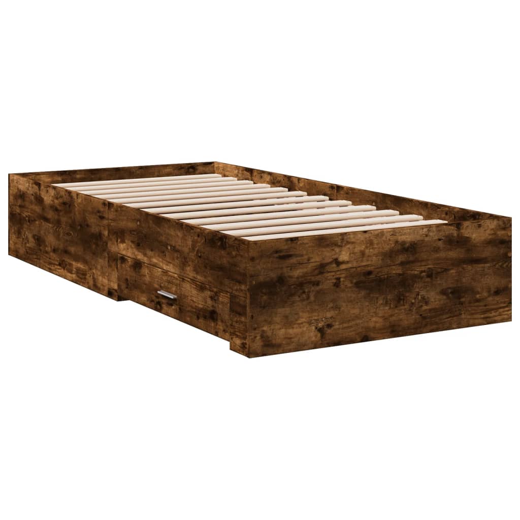 Bedframe met lades bewerkt hout gerookt eikenkleurig 90x190 cm is nu te koop bij PeponiXL, paradijselijk wonen!