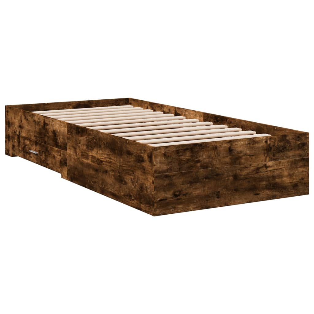 Bedframe met lades bewerkt hout gerookt eikenkleurig 90x190 cm is nu te koop bij PeponiXL, paradijselijk wonen!