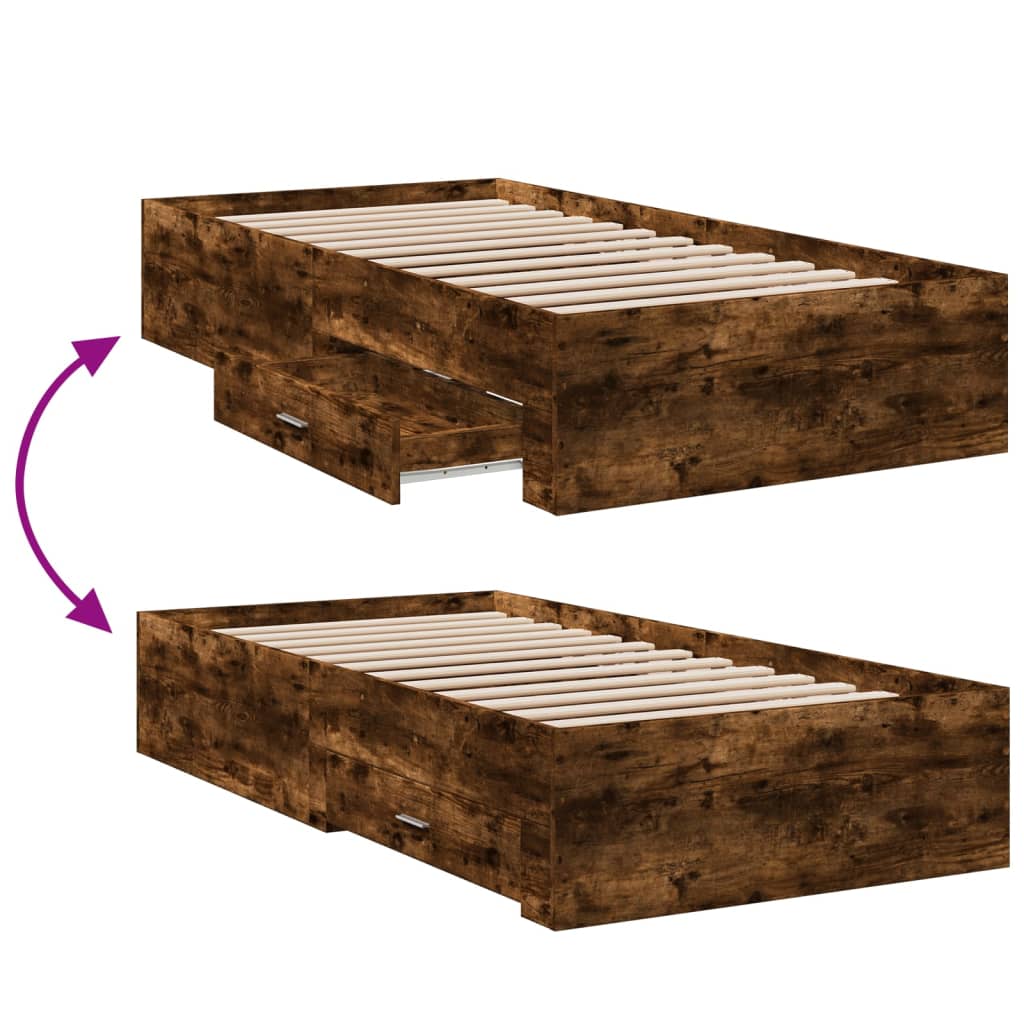 Bedframe met lades bewerkt hout gerookt eikenkleurig 90x190 cm is nu te koop bij PeponiXL, paradijselijk wonen!