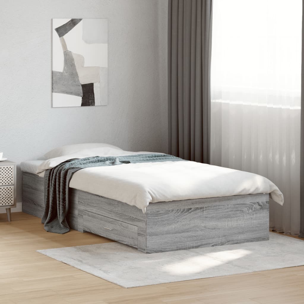 Bedframe met lades bewerkt hout grijs sonoma eiken 90x190 cm is nu te koop bij PeponiXL, paradijselijk wonen!