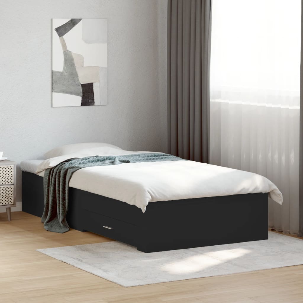 Bedframe met lades bewerkt hout zwart 75x190 cm is nu te koop bij PeponiXL, paradijselijk wonen!