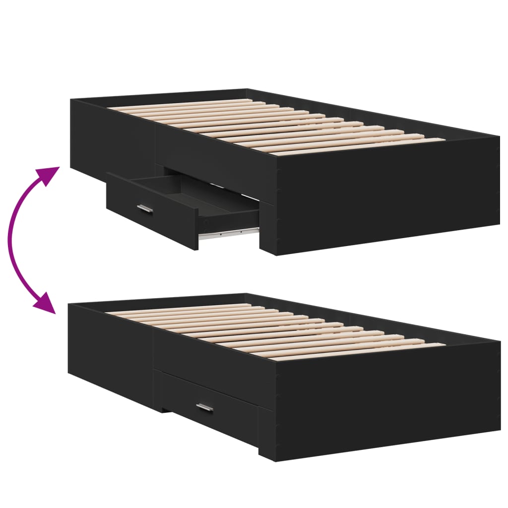 Bedframe met lades bewerkt hout zwart 75x190 cm is nu te koop bij PeponiXL, paradijselijk wonen!