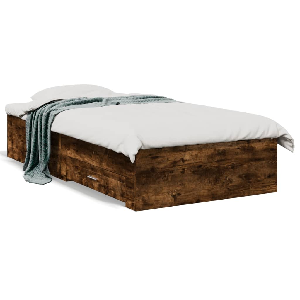 Bedframe met lades bewerkt hout gerookt eikenkleurig 75x190 cm is nu te koop bij PeponiXL, paradijselijk wonen!
