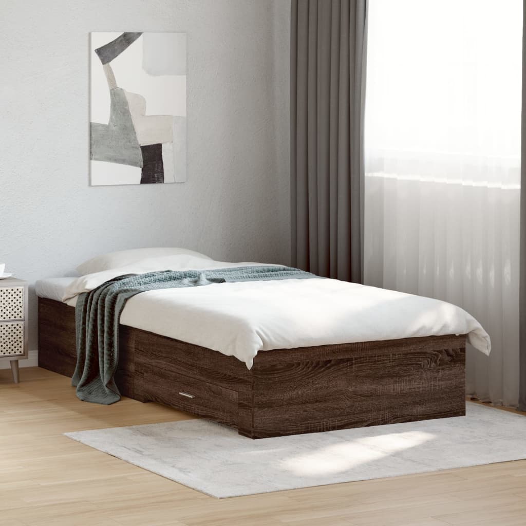 Bedframe met lades bewerkt hout bruin eikenkleurig 75x190 cm is nu te koop bij PeponiXL, paradijselijk wonen!