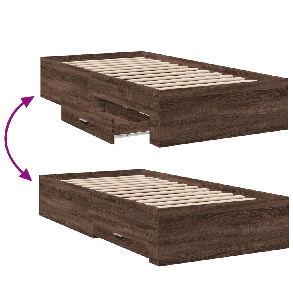 Bedframe met lades bewerkt hout bruin eikenkleurig 75x190 cm is nu te koop bij PeponiXL, paradijselijk wonen!