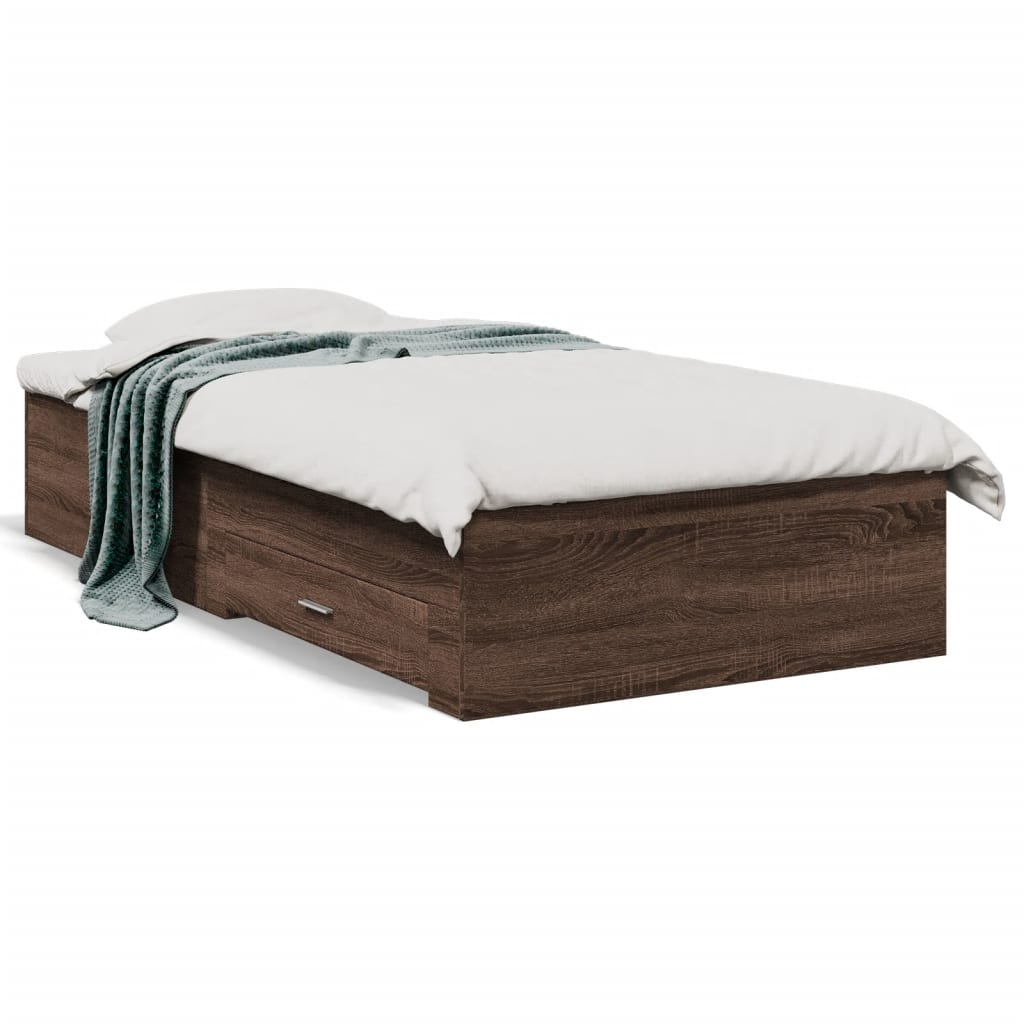 Bedframe met lades bewerkt hout bruin eikenkleurig 75x190 cm is nu te koop bij PeponiXL, paradijselijk wonen!