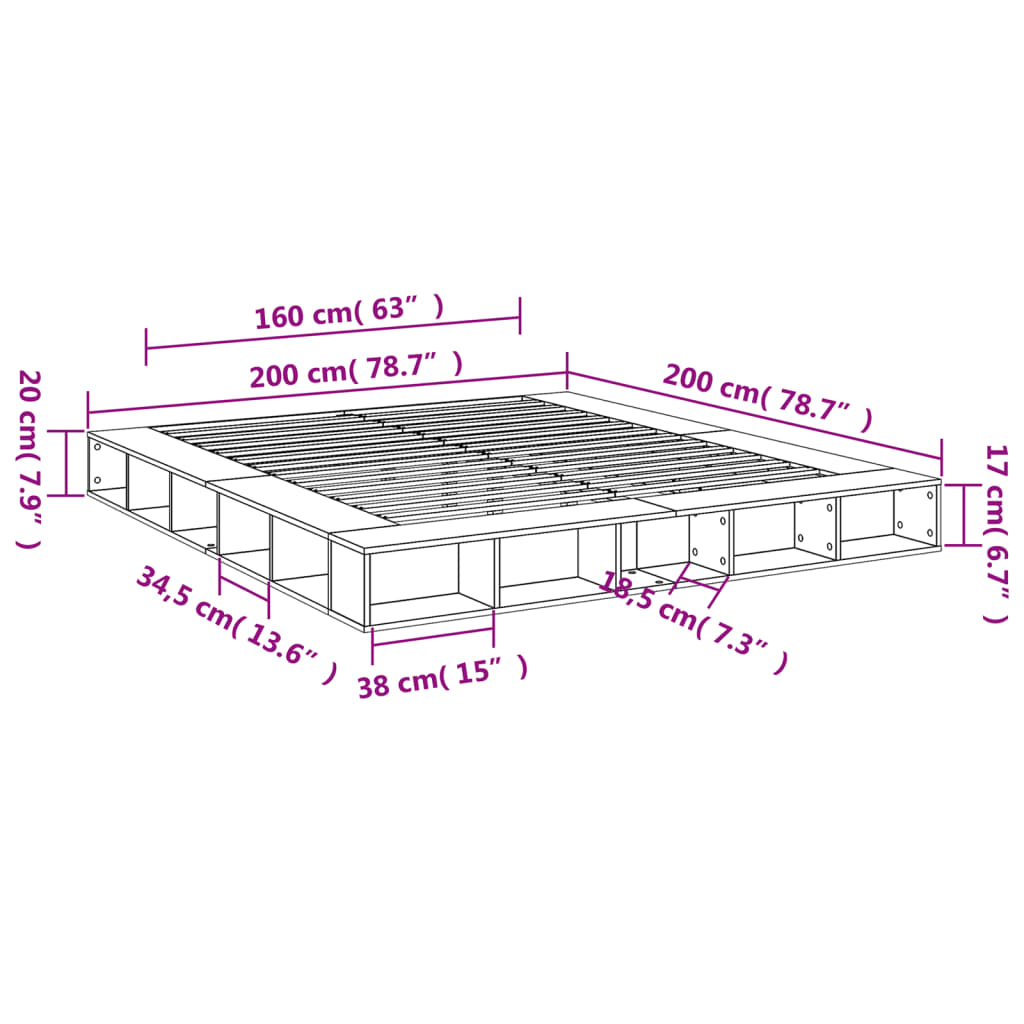 Bedframe bewerkt hout grijs sonoma eikenkleurig 200x200 cm is nu te koop bij PeponiXL, paradijselijk wonen!
