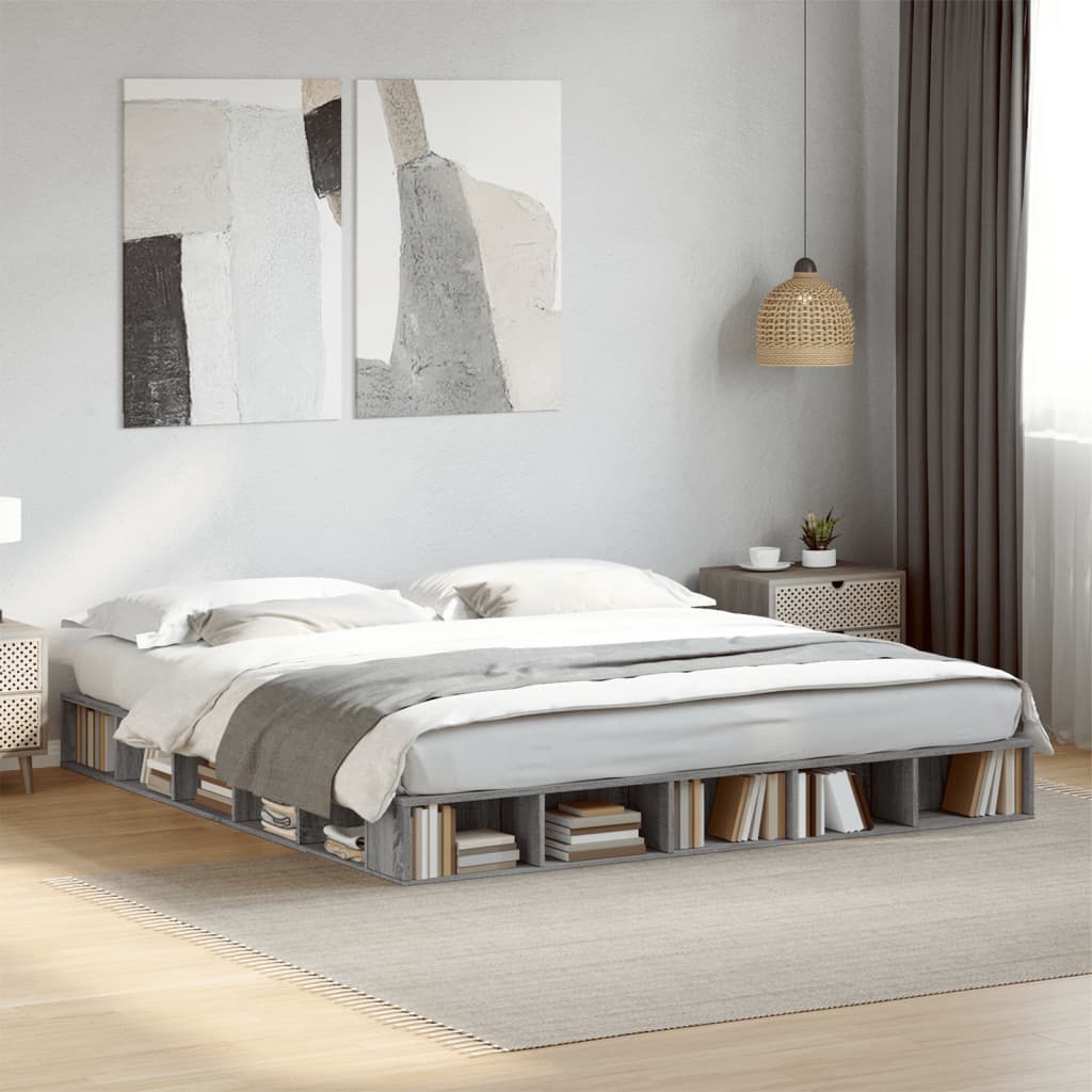 Bedframe bewerkt hout grijs sonoma eikenkleurig 200x200 cm is nu te koop bij PeponiXL, paradijselijk wonen!