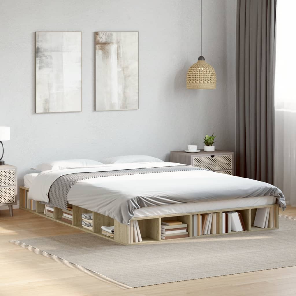 Bedframe bewerkt hout sonoma eikenkleurig 160x200 cm is nu te koop bij PeponiXL, paradijselijk wonen!