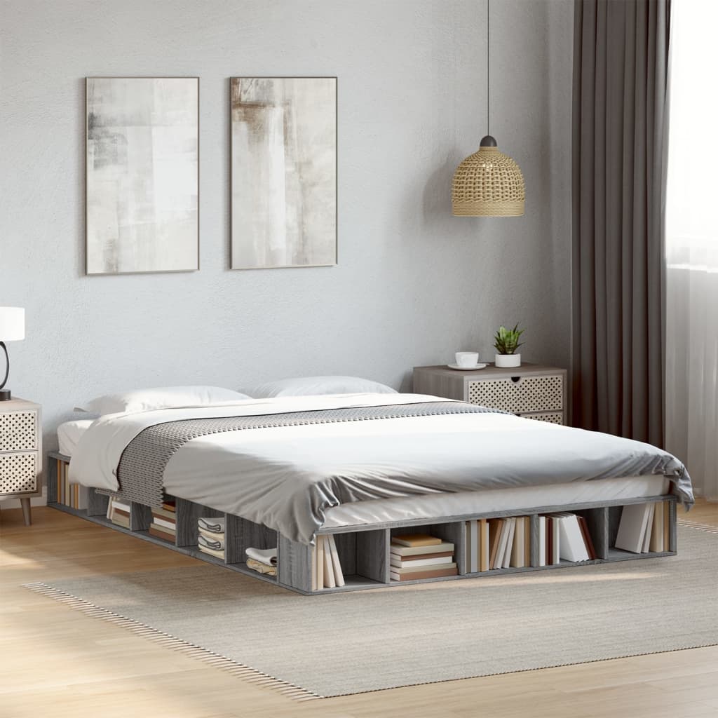 Bedframe bewerkt hout grijs sonoma eikenkleurig 150x200 cm is nu te koop bij PeponiXL, paradijselijk wonen!