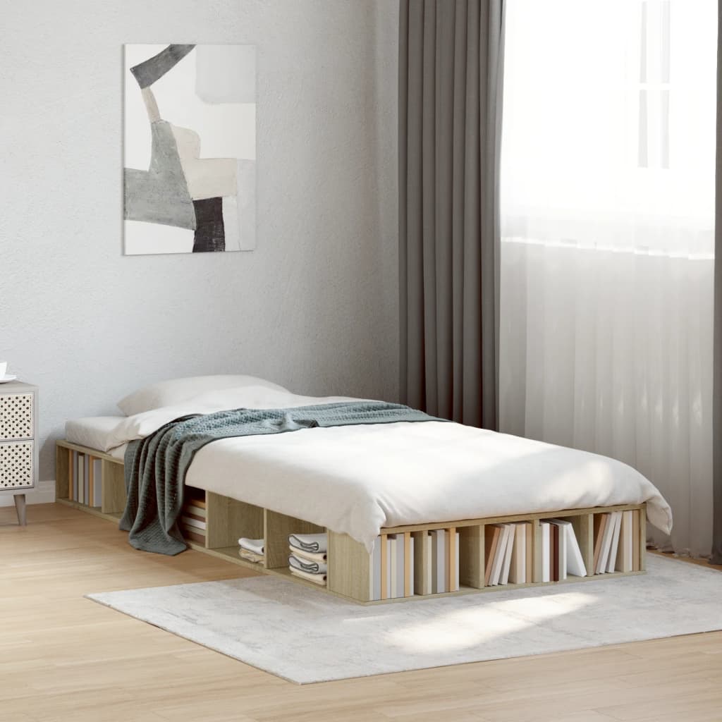 Bedframe bewerkt hout sonoma eikenkleurig 100x200 cm is nu te koop bij PeponiXL, paradijselijk wonen!