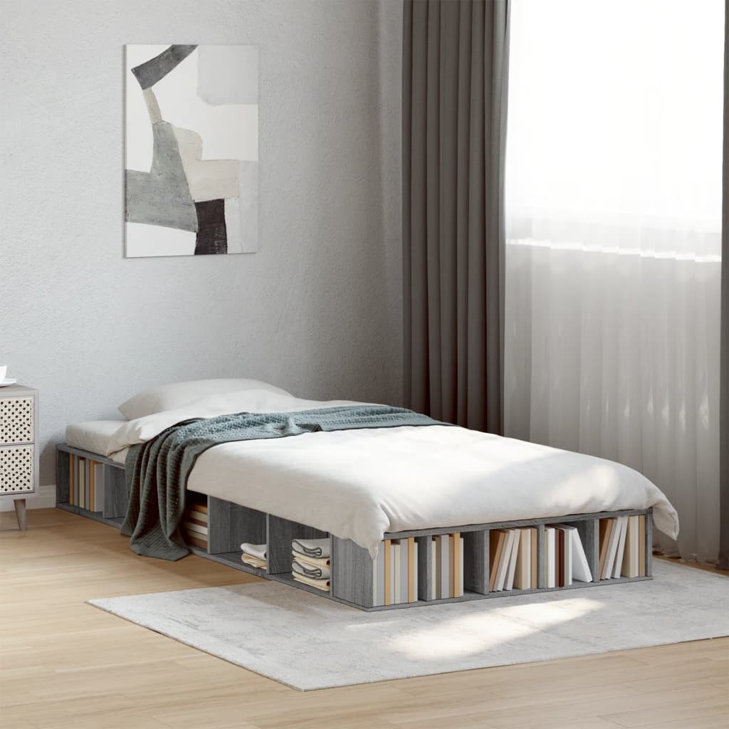 Bedframe bewerkt hout grijs sonoma eikenkleurig 100x200 cm is nu te koop bij PeponiXL, paradijselijk wonen!