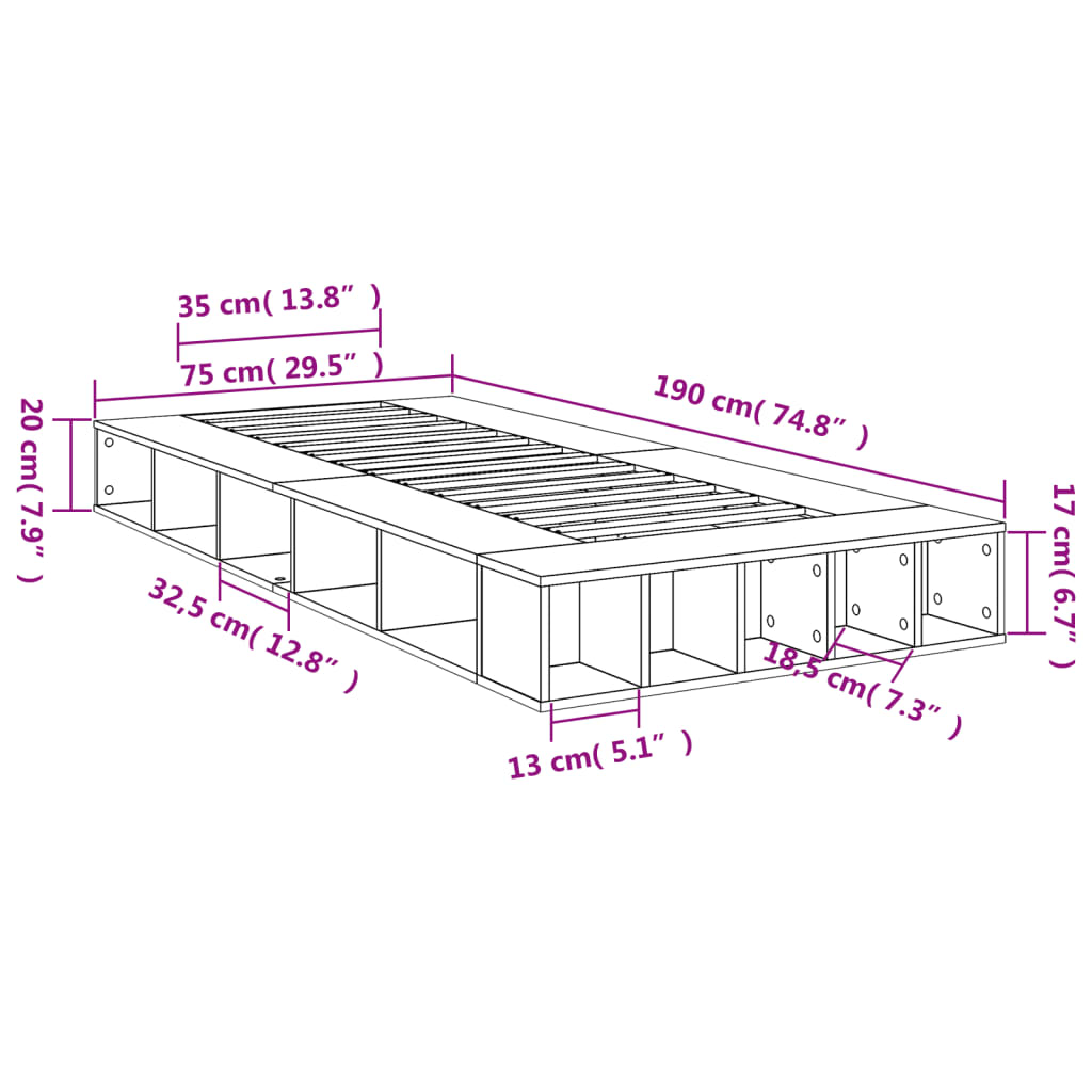 Bedframe bewerkt hout grijs sonoma eikenkleurig 75x190 cm is nu te koop bij PeponiXL, paradijselijk wonen!