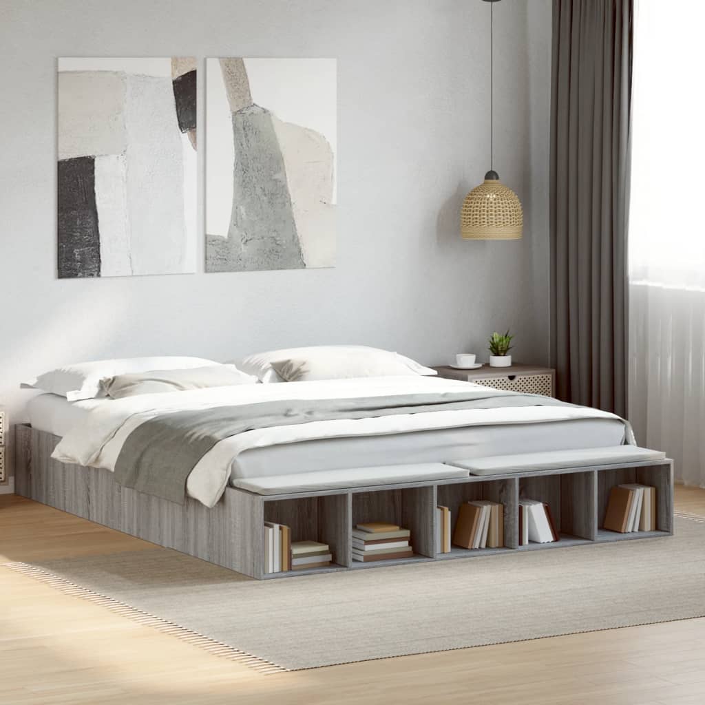 Bedframe bewerkt hout grijs sonoma eikenkleurig 200x200 cm is nu te koop bij PeponiXL, paradijselijk wonen!