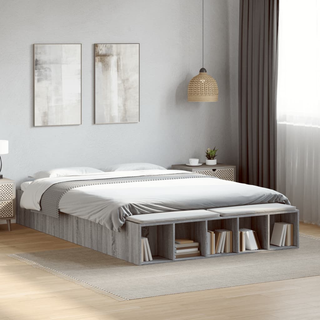 Bedframe bewerkt hout grijs sonoma eikenkleurig 140x200 cm is nu te koop bij PeponiXL, paradijselijk wonen!