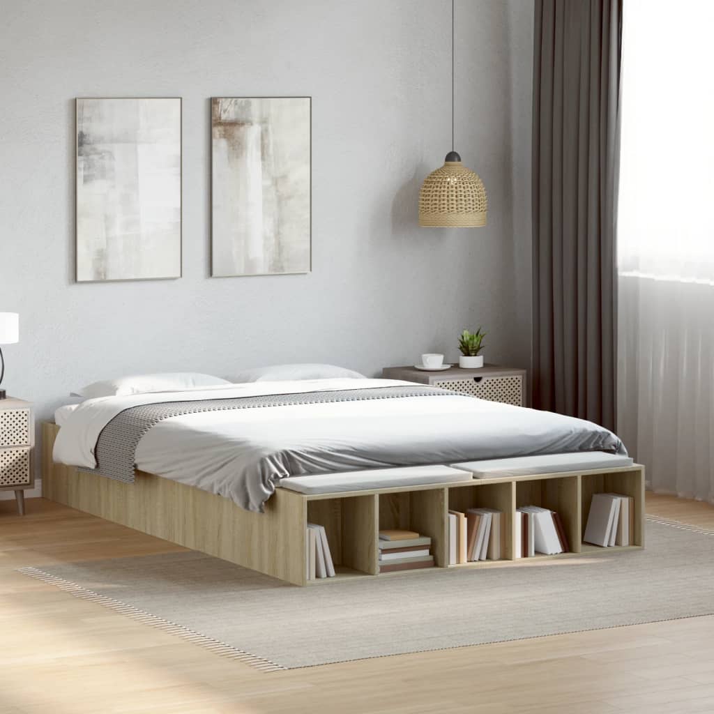 Bedframe bewerkt hout sonoma eikenkleurig 120x200 cm is nu te koop bij PeponiXL, paradijselijk wonen!