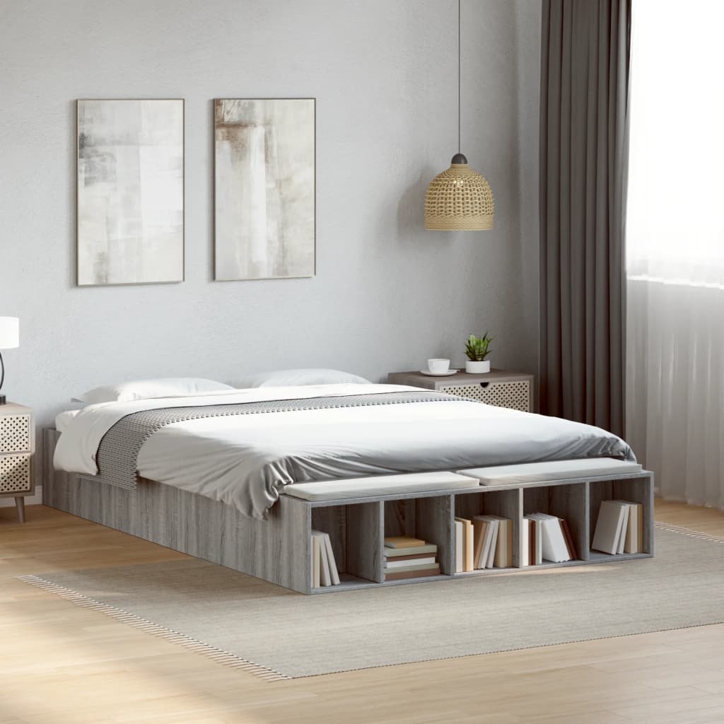 Bedframe bewerkt hout grijs sonoma eikenkleurig 140x190 cm is nu te koop bij PeponiXL, paradijselijk wonen!
